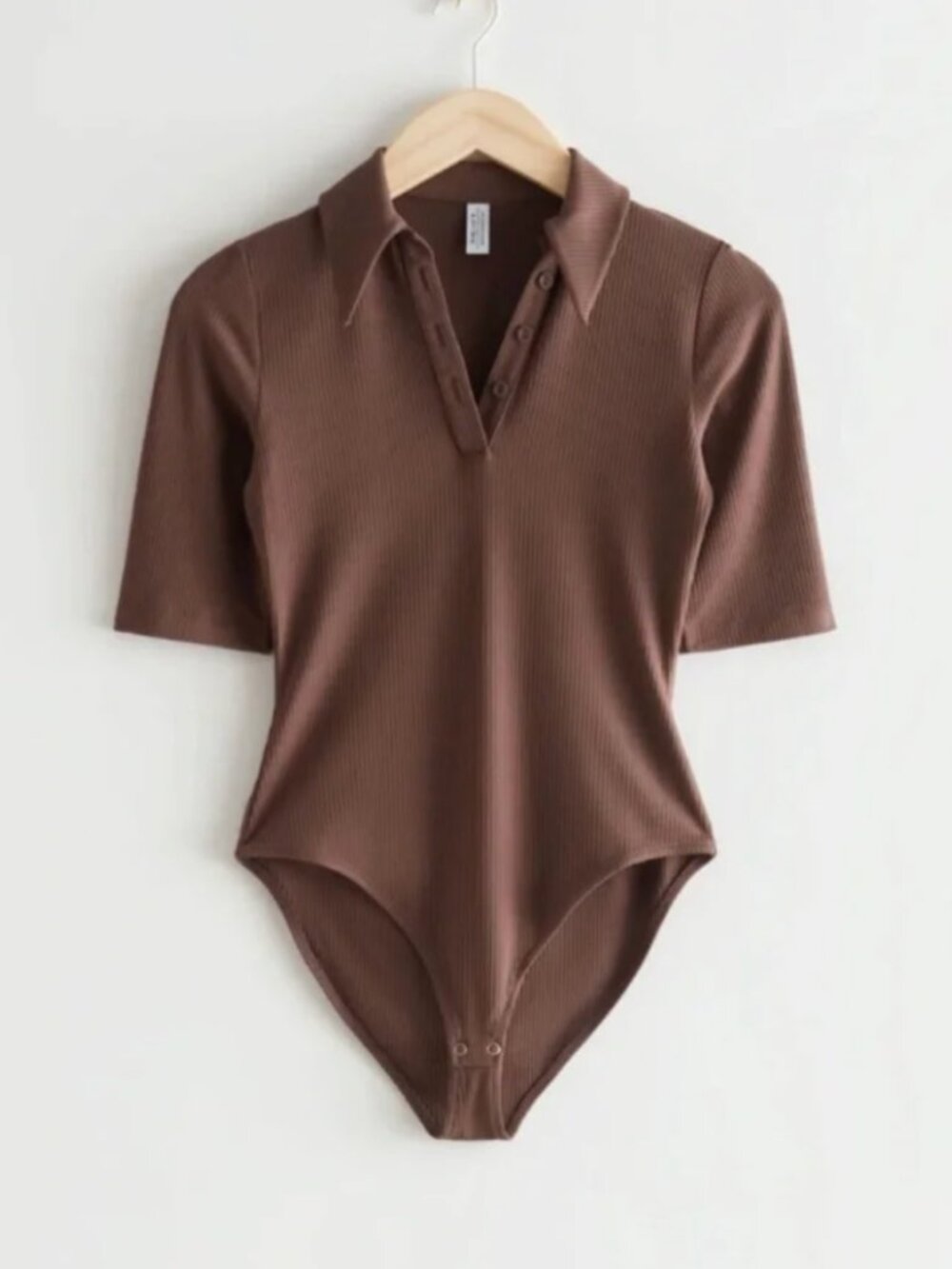 & Other Stories ribbed chocolate brown collared bodysuit